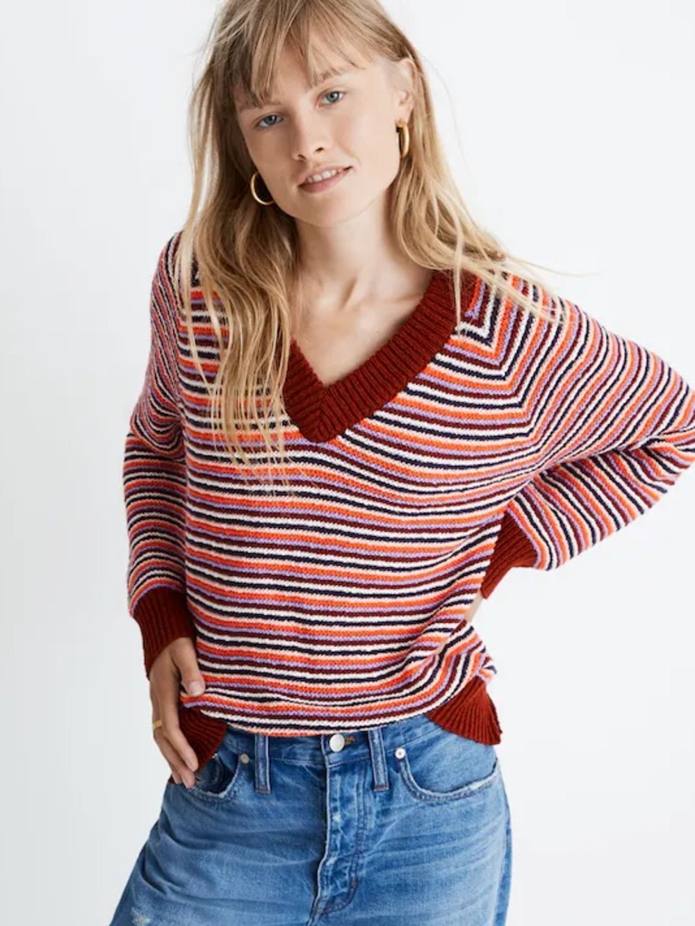 Madewell Arden V-Neck Crop Pullover Striped Sweater in Burnished Mahogany, Small